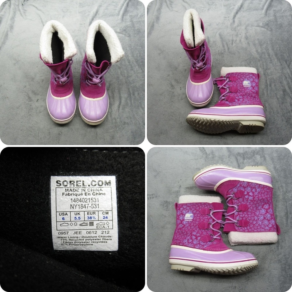 Sorel Snow Boots Youth 6 Purple Snowflake Lace Up Faux Fur Waterproof Winter